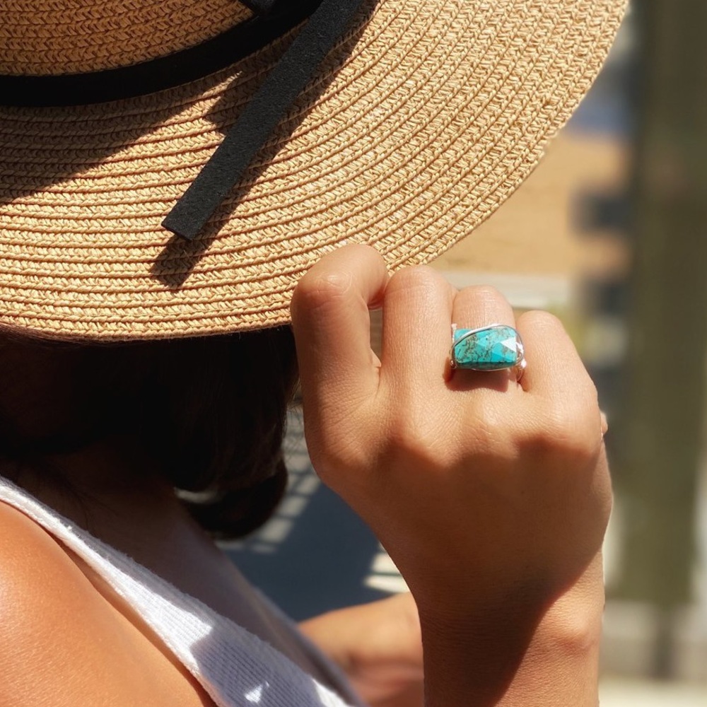 STATEMENT BOHEMIAN FLAT STONE WIRED RING- SILVER - Picture 2 of 13